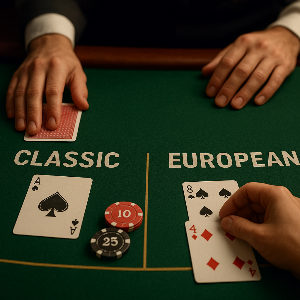 Blackjack table comparing classic rules, where the dealer has a second card, with European