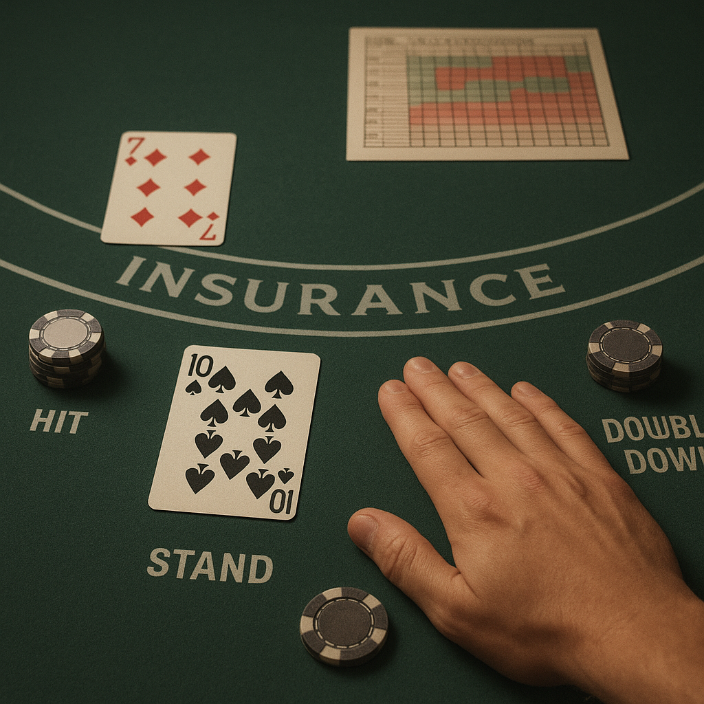 Overhead photograph of a blackjack table with cards and chips illustrating hit, stand, and